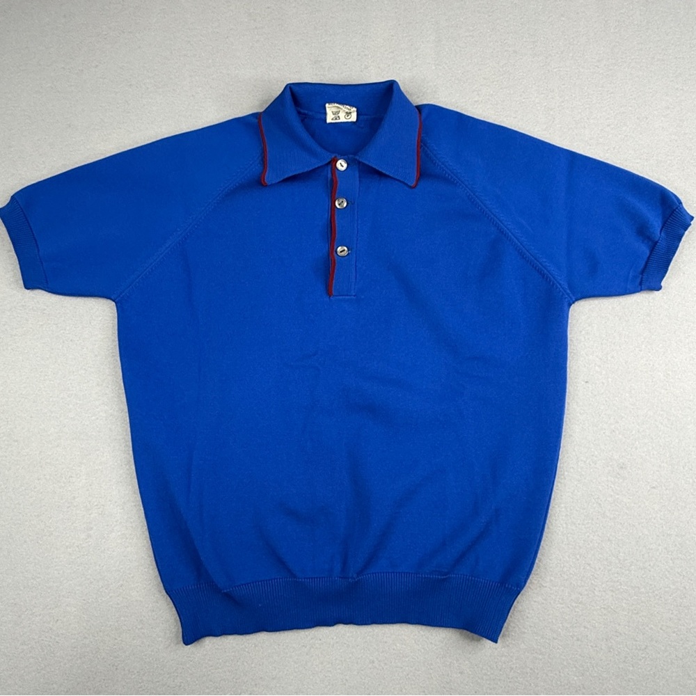 Vintage 70s Trevira 2000 Knit Polo Shirt S Blue Red Retro Golf Made Austria
